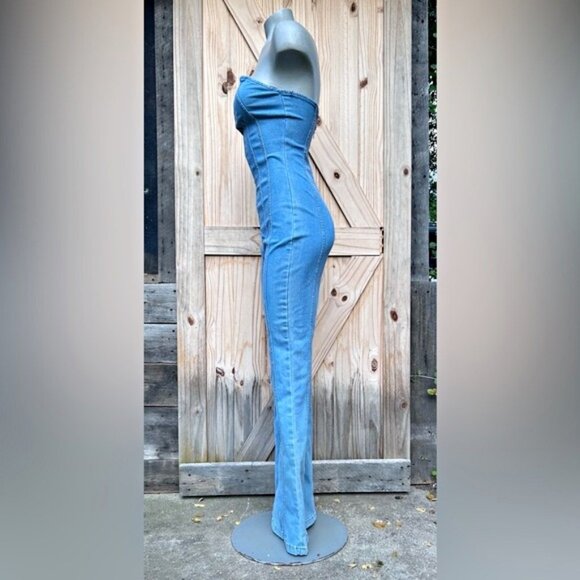 Love 83 Stretch Denim Strapless Corset Flare Bell Bottom Jumpsuit~M~ - Picture 3 of 6